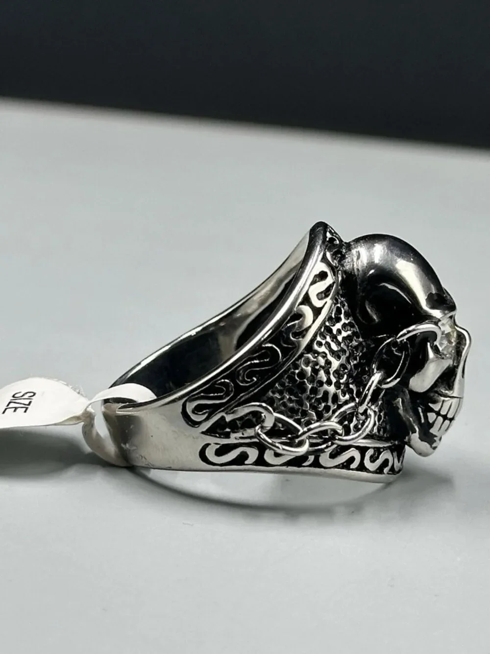 Skull Ring Size 13 Mens Stainless Steel Chain Accent Gothic Punk Statement